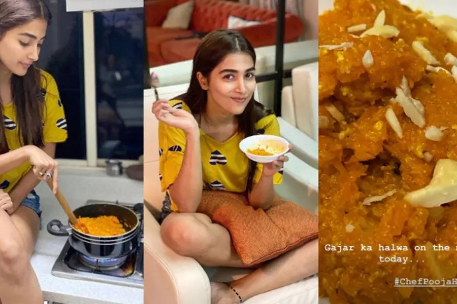 'കുക്കിനൊരു കിസ്സ് കൊടുക്കൂ' കാരറ്റ് ഹല്വ പരീക്ഷിച്ച് നടി പൂജ ഹെഗ്ഡെ