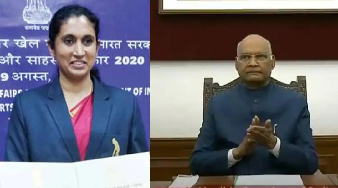 മലയാളിയായ മുന് അന്താരാഷ്ട്ര അത്ലറ്റ് ജിന്സി ഫിലിപ്പ് കായികരംഗത്തെ നേട്ടങ്ങള്ക്ക് ഈ വര്ഷത്തെ ധ്യാന്ചന്ദ് പുരസ്കാരം ഓണ്ലൈനായി ഏറ്റുവാങ്ങിയപ്പോള്.
