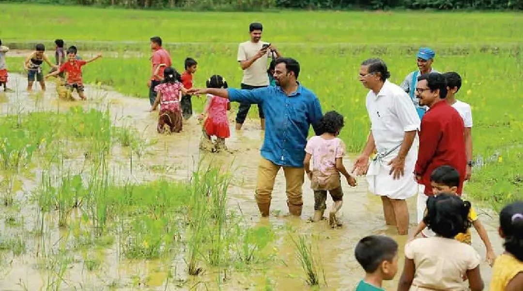 പ്രകൃതിപഠനത്തിന്റെ ഭാഗമായി കവി മധുസൂദനന്നായരും കുട്ടികളും പാറശ്ശാല ചെങ്കലിലെ നെല്പ്പാടത്തില് (ഫയല്ചിത്രം)