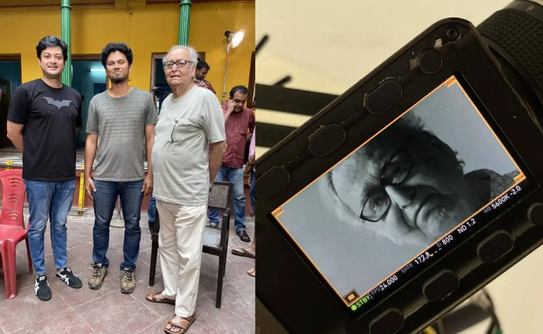 സൗമിത്ര ചാറ്റര്ജിക്കൊപ്പം അപ്പു പ്രഭാകര് (നടുവില്)| Photo Credit: Appu Prabhakar