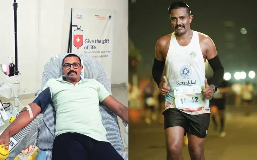 Pradeep Pillai donating blood for the 71st time (left) and during a marathon (right)