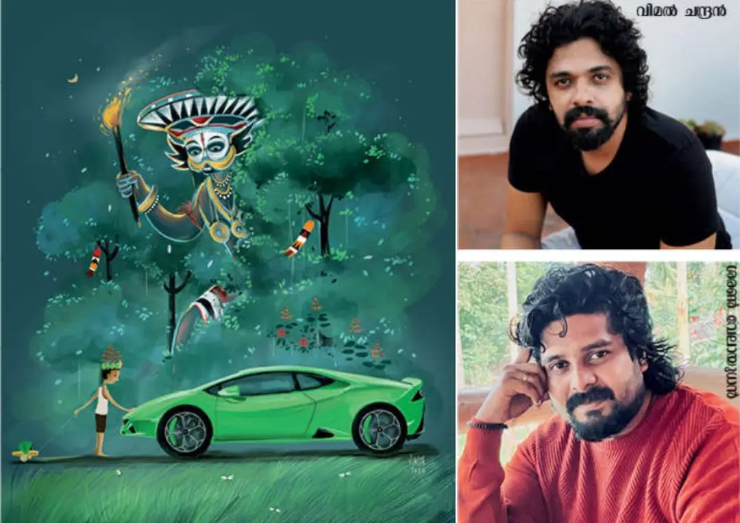 ലംബോര്‍ഗിനിയുടെ ആഗോള ആര്‍ട്ട് പ്രോജക്ടിനായി വിമല്‍ വരച്ച ചിത്രം, ചിത്രീകരണത്തിന് നേതൃത്വം നല്‍കിയ വിമല്‍ ചന്ദ്രനും ശരണ്‍ വേലായുധനും | ഫോട്ടോ: മാതൃഭൂമി