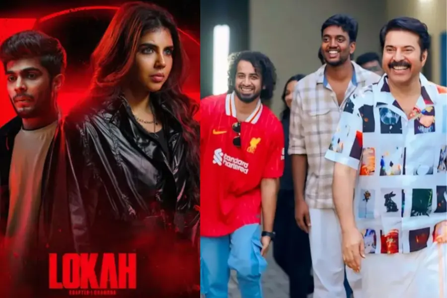 Lokah poster, Chandu Salimkumar and Arun Kurien walking behind Mammootty