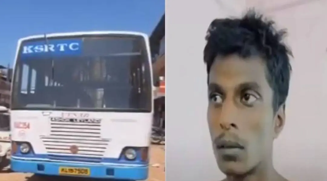 കടത്തിക്കൊണ്ടുപോയ ബസ്(ഇടത്ത്, ഫയല്‍ചിത്രം) പിടിയിലായി നിധിന്‍(വലത്ത്) Screengrab: Mathrubhumi News