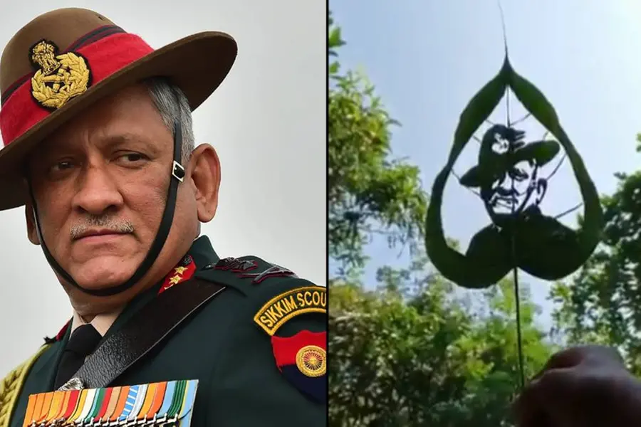 വ്യത്യസ്തം ഈ ആദരം; ബിപിന് റാവത്തിന് അരയാല് ഇലയില്തീര്ത്ത ചിത്രംകൊണ്ട് അന്ത്യാഞ്ജലി
