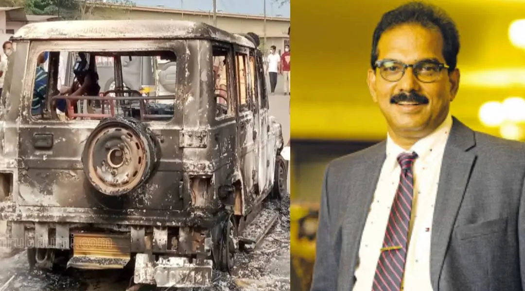 കിഴക്കമ്പലത്ത് അക്രമികള്‍ അഗ്നിക്കിരയാക്കിയ പോലീസ് ജീപ്പ്, കിറ്റക്‌സ് എം.ഡി. സാബു എം.ജേക്കബ്|  ഫോട്ടോ: മാതൃഭൂമി