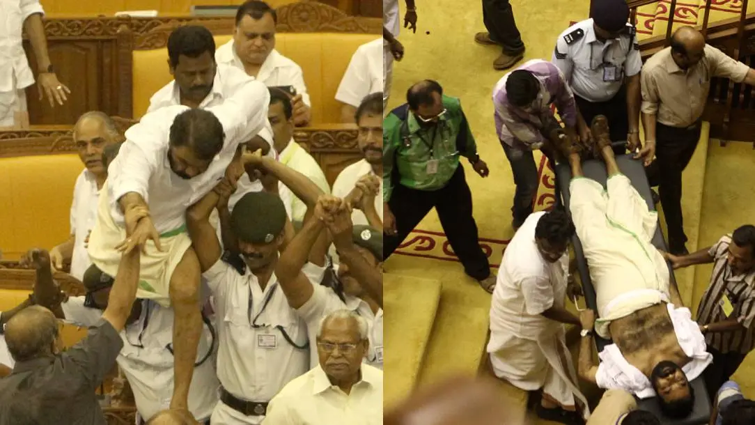 നിയമസഭാ കയ്യാങ്കളിയില്നിന്ന്(ഇടത്), ശിവന്കുട്ടി കുഴഞ്ഞുവീണപ്പോള്| Photo: Mathrubhumi Library
