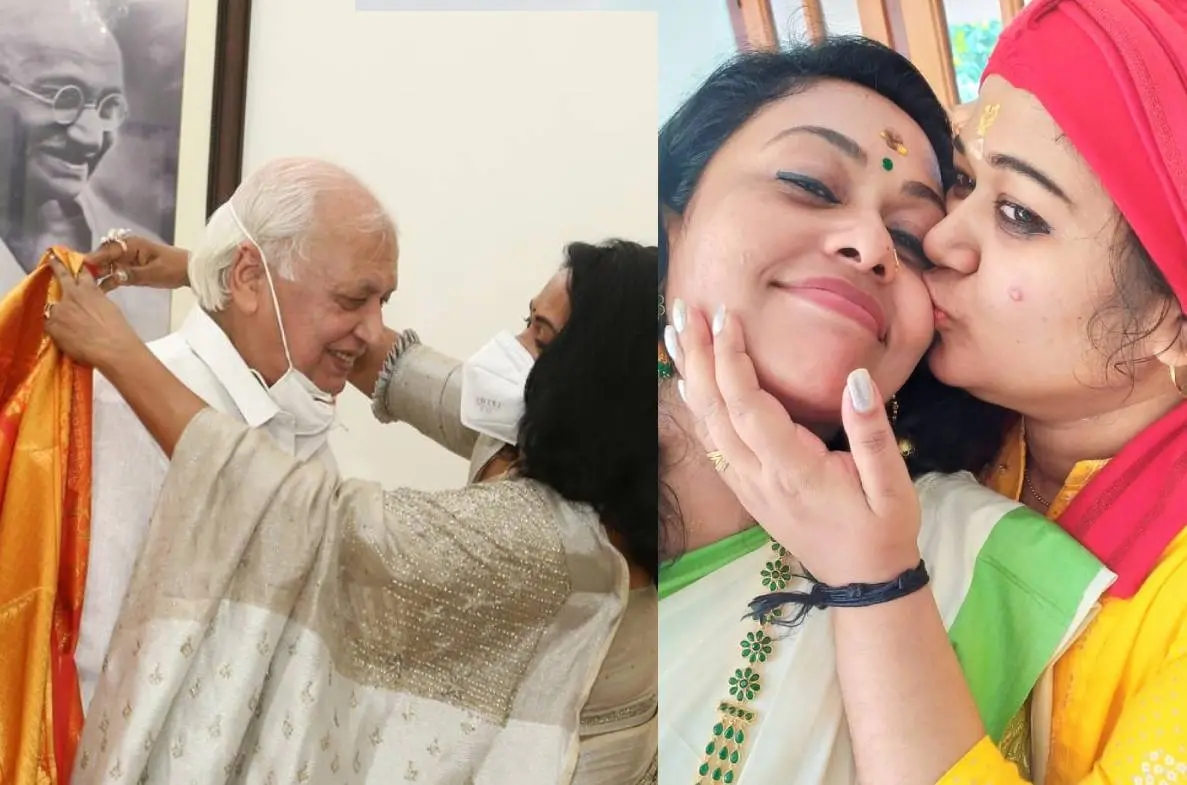 മദര് തെരേസ പുരസ്കാരം ഏറ്റുവാങ്ങിയ ശേഷം ഗവര്ണര് ആരിഫ് ഖാനെ സീമാ ജി നായര് പൊന്നാട അണിയിക്കുന്നു, ശരണ്യയ്ക്കൊപ്പം സീമ ജി നായര്
