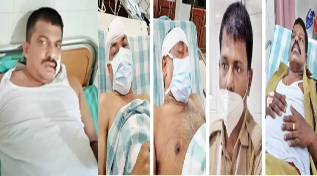 അതിഥിത്തൊഴിലാളികളുടെ ആക്രമണത്തില്‍ പരിക്കേറ്റ സി.പി.ഒ. സുബൈര്‍, ഇന്‍സ്‌പെക്ടര്‍ വി.ടി. ഷാജന്‍, എ.എസ്.ഐ. സാജന്‍, സി.പി.ഒ. രാജേന്ദ്രന്‍, എ.എസ്.ഐ. ശിവദാസന്‍ എന്നിവര്‍ ആശുപത്രിയില്‍