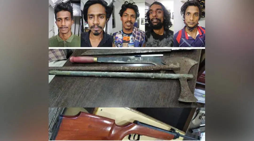 പിടിയിലായ പ്രതികളും പിടികൂടിയ ആയുധങ്ങളും