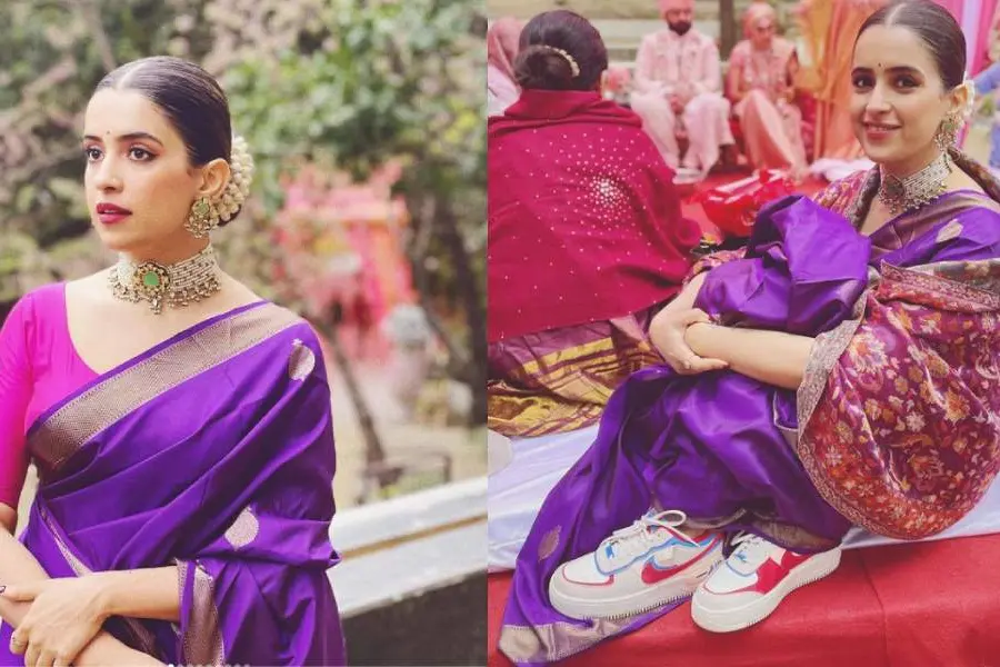 പര്പ്പിള് നിറത്തിലുള്ള സാരിയ്ക്കൊപ്പം വെളുത്ത സ്നീക്കര്; പുത്തന് ട്രെന്ഡില് സന്യ മല്ഹോത്ര