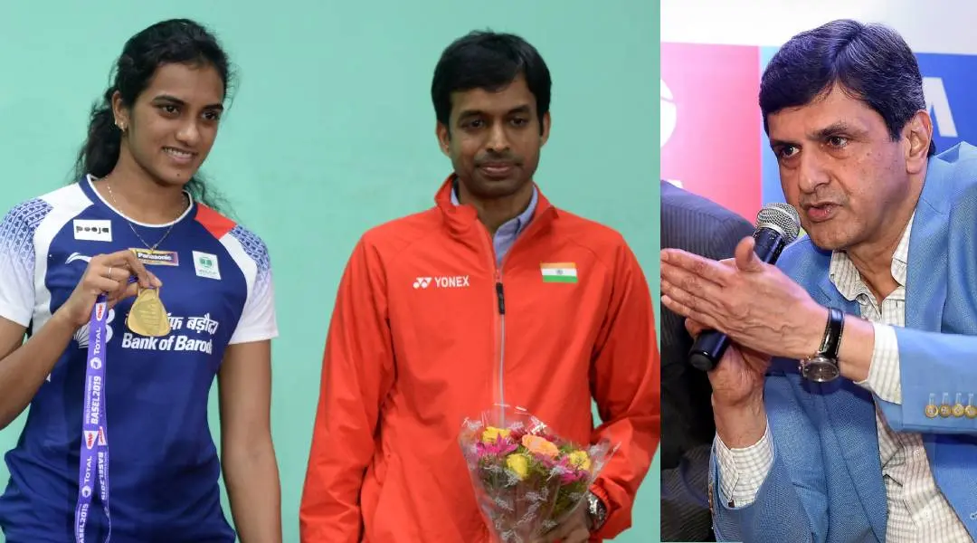 പി.വി സിന്ധു, പുല്ലേല ഗോപിചന്ദ്, പ്രകാശ് പദുക്കോണ് | Photo: PTI