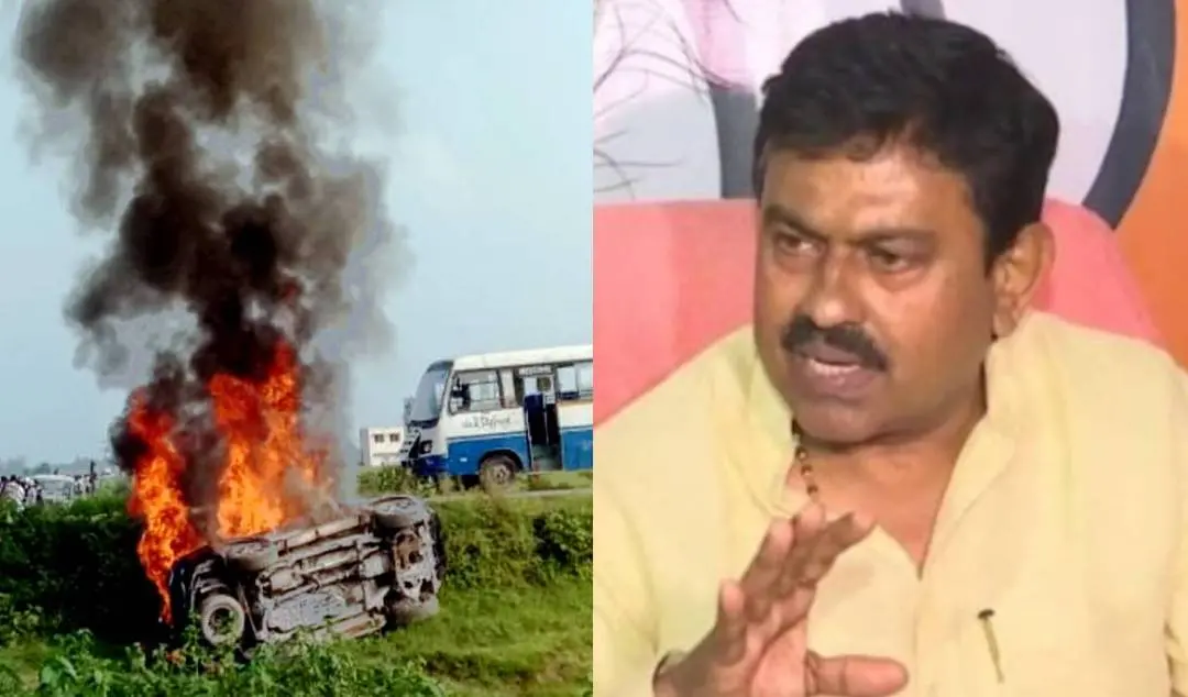 ലഖിംപുരില് അഗ്നിക്കിരയായ വാഹനം, അജയ് മിശ്ര | ഫോട്ടോ: പിടിഐ, എഎന്ഐ