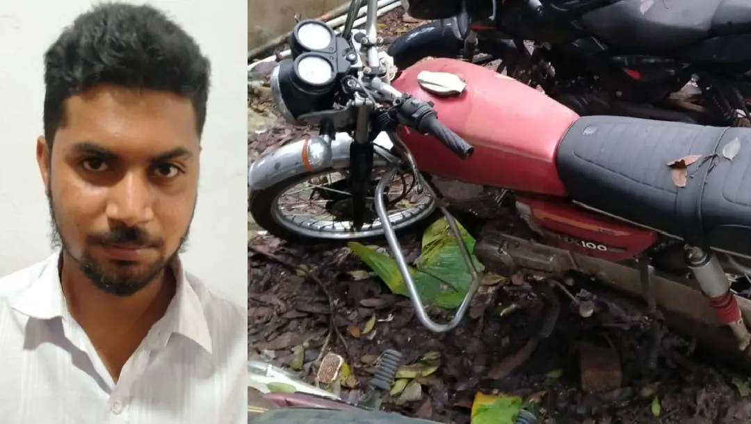പ്രതി ആശിഷ്, എഞ്ചിന് മാറ്റി വില്പന നടത്തിയ ബൈക്ക് | Photo: മാതൃഭൂമി
