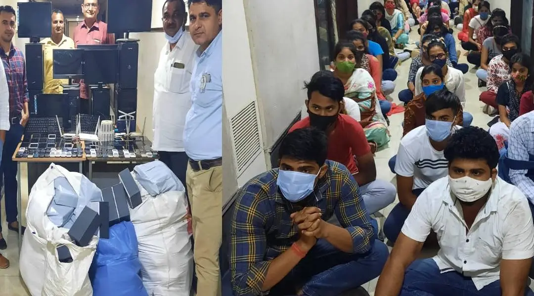 പിടിച്ചെടുത്ത കമ്പ്യൂട്ടറുകളും മൊബൈല്ഫോണുകളുമായി പോലീസ് ഉദ്യോഗസ്ഥര്(ഇടത്ത്) പിടിയിലായ കോള്സെന്റര് ജീവനക്കാര്(വലത്ത്) Photo: twitter.com|ndtv