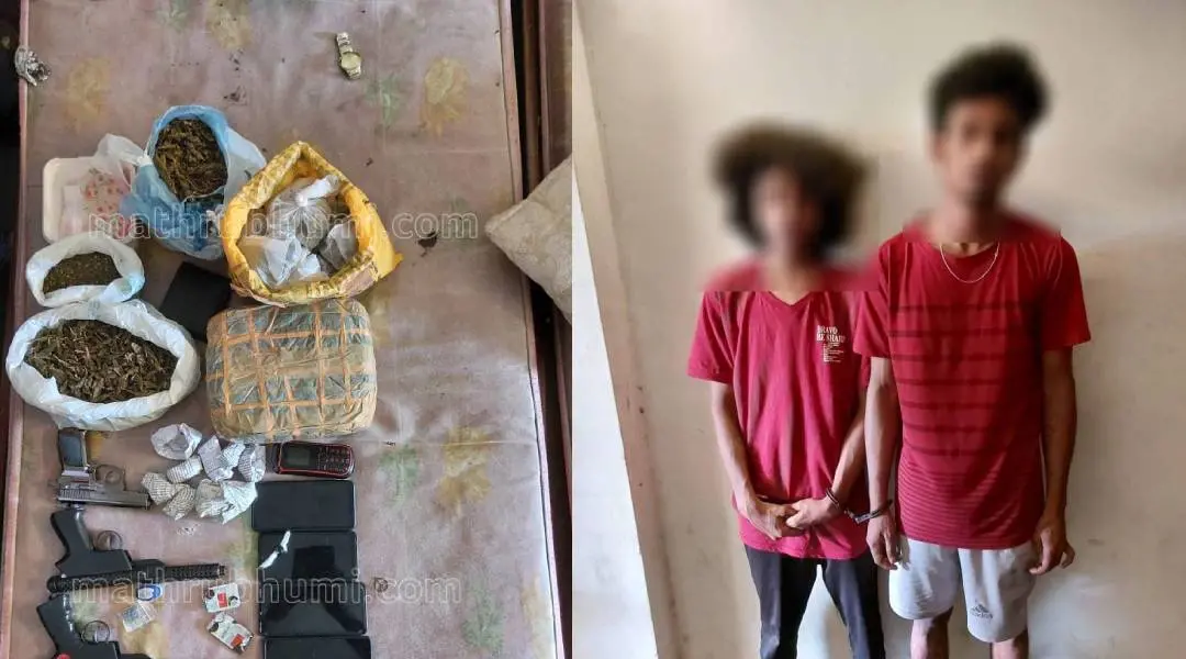 പിടിച്ചെടുത്ത ലഹരിമരുന്നുകളും ആയുധങ്ങളും(ഇടത്ത്) പോലീസ് കസ്റ്റഡിയിലുള്ളവര്(വലത്ത്)