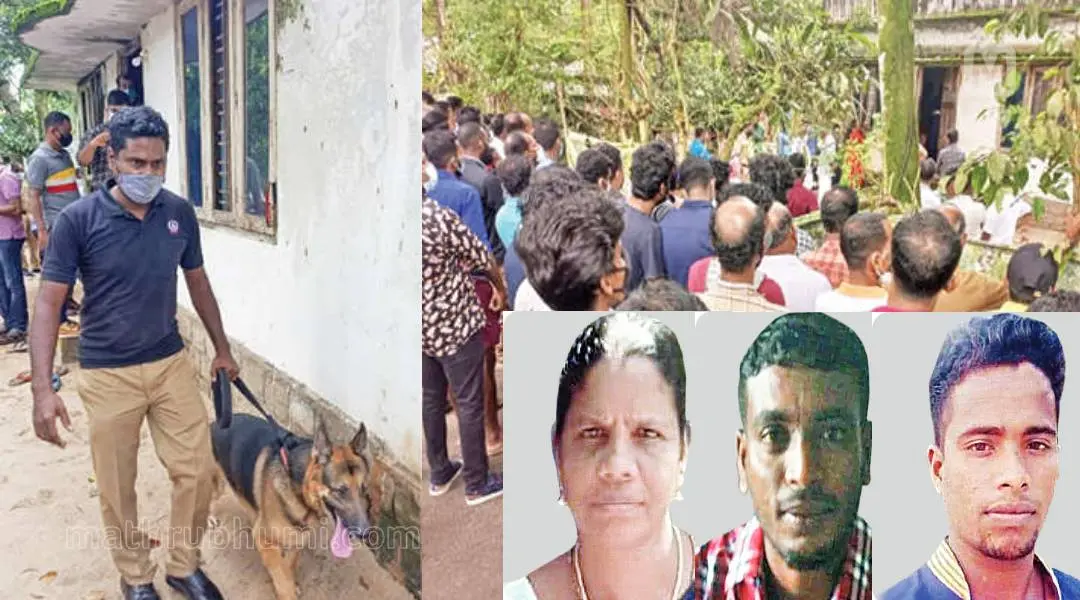 മരിച്ചവരുടെ വീട്ടില് ഡോഗ് സ്ക്വാഡ് പരിശോധന നടത്തുന്നു, സംഭവസ്ഥലത്ത് തടിച്ചുകൂടിയ നാട്ടുകാരും. ഇന്സെറ്റില് ആനി രഞ്ജിത്ത്, ലെനിന് രഞ്ജിത്ത്, സുനില് രഞ്ജിത്ത്