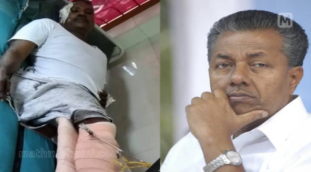 കെ.രാധാകൃഷ്ണന് തൃപ്പുണിത്തുറയിലെ സ്വകാര്യ ആശുപത്രിയില്(ഇടത്ത്) മുഖ്യമന്ത്രി പിണറായി വിജയന്(വലത്ത്) | ഫോട്ടോ: മാതൃഭൂമി