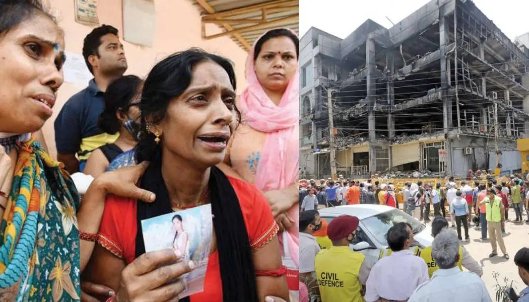 സഞ്ജയ് ഗാന്ധി മെമ്മോറിയല്‍ ആശുപത്രിയില്‍ പ്രിയപ്പെട്ടവരുടെ മൃതദേഹത്തിനായി കാത്തിരിക്കുന്ന ബന്ധുക്കള്‍, തീപ്പിടിത്തമുണ്ടായ കെട്ടിടം