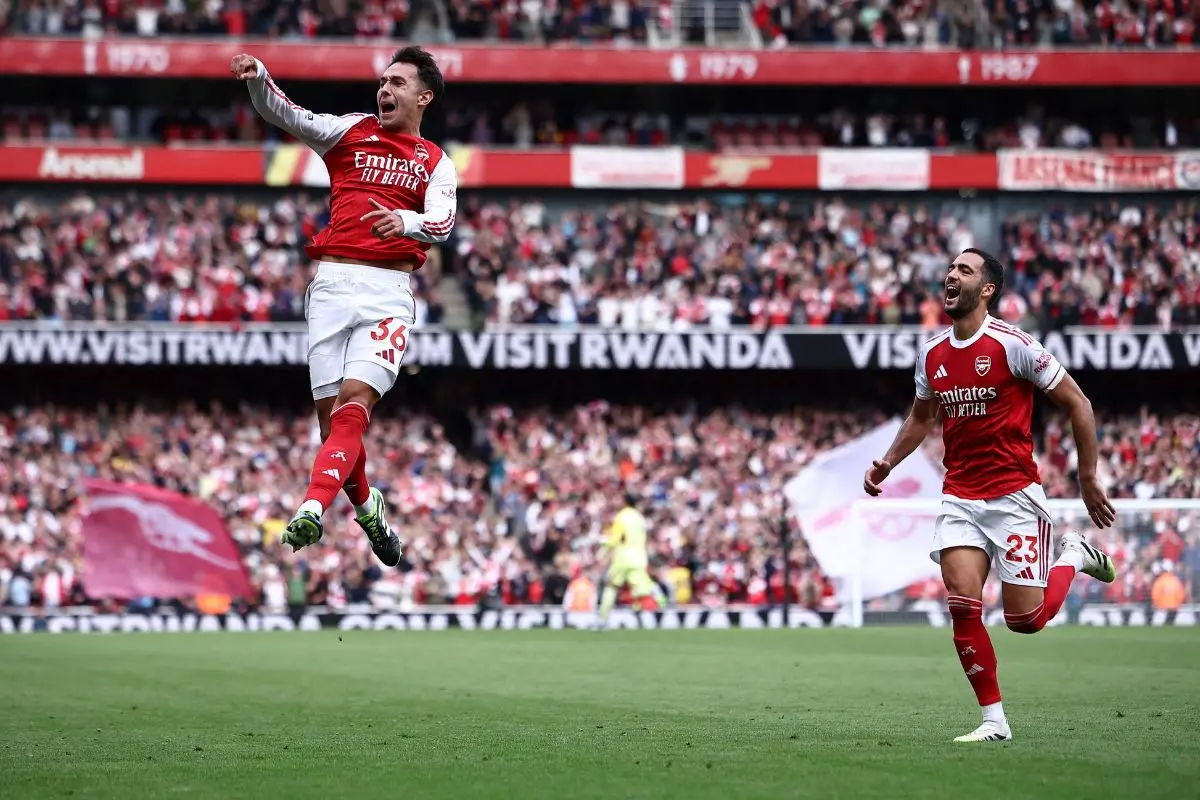 Arsenal&#x27;s Spanish defender #36 Martin Zubimendi (L) celebrates scoring the team&#x27;s first goal during the English Premier League football match between Arsenal and Nottingham Forest | Photo: AFP