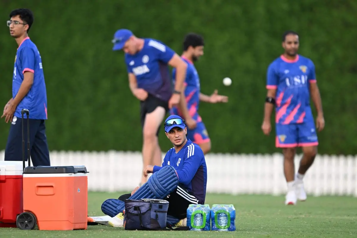 India's Abhishek Sharma (C) attends a practice session at the International Cricket Council (ICC) Academy in Dubai | Photo: AFP