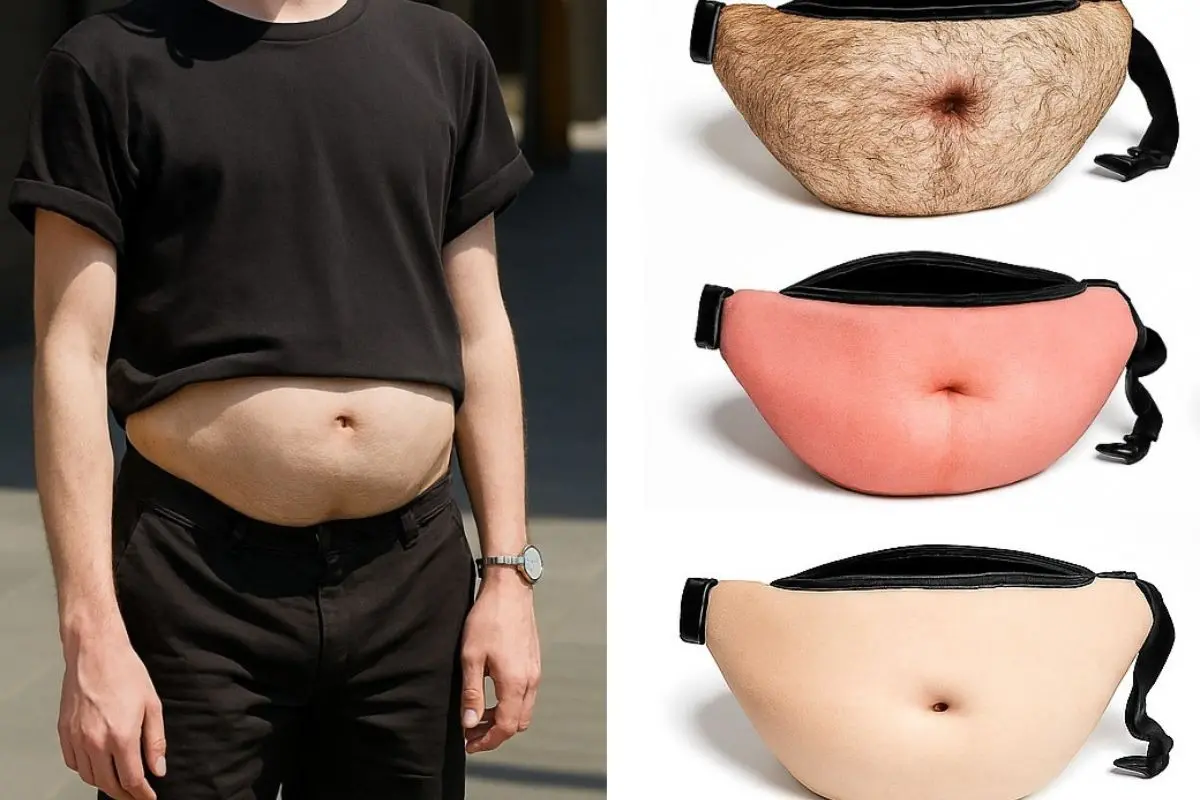 A fanny pack disguised as a human belly-complete with button and hair-turns heads as 2025's strangest streetwear statement. Photo: X