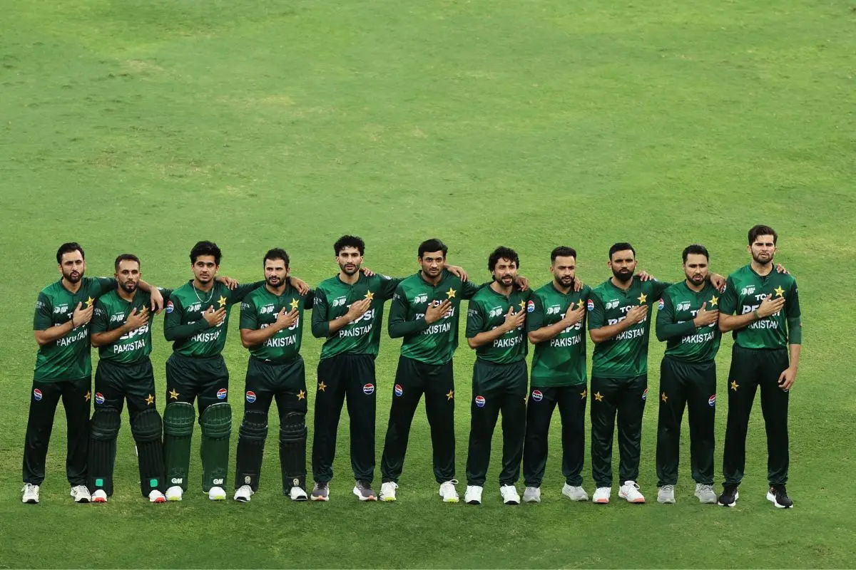 Pakistan's players stand for their national anthem before the start of the Asia Cup 2025 Twenty20 international cricket match between India and Pakistan at the Dubai International Stadium in Dubai on September 14, 2025. (Photo by Fadel SENNA / AFP)