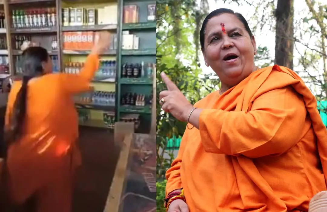 മദ്യവില്പനശാലയിലേക്ക് കല്ലെറിയുന്ന ഉമാഭാരതി(ഇടത്)| Photo: twitter.com/umasribharti, ANI