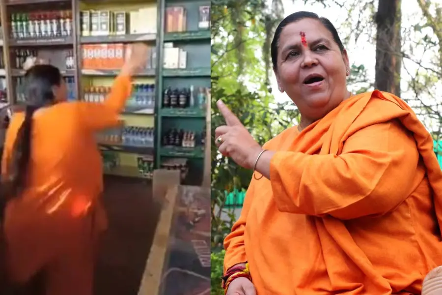 മദ്യവില്പനശാല ഉടന് പൂട്ടണമെന്ന് ആവശ്യം; മദ്യക്കുപ്പികള് എറിഞ്ഞുടച്ച് ഉമാഭാരതി