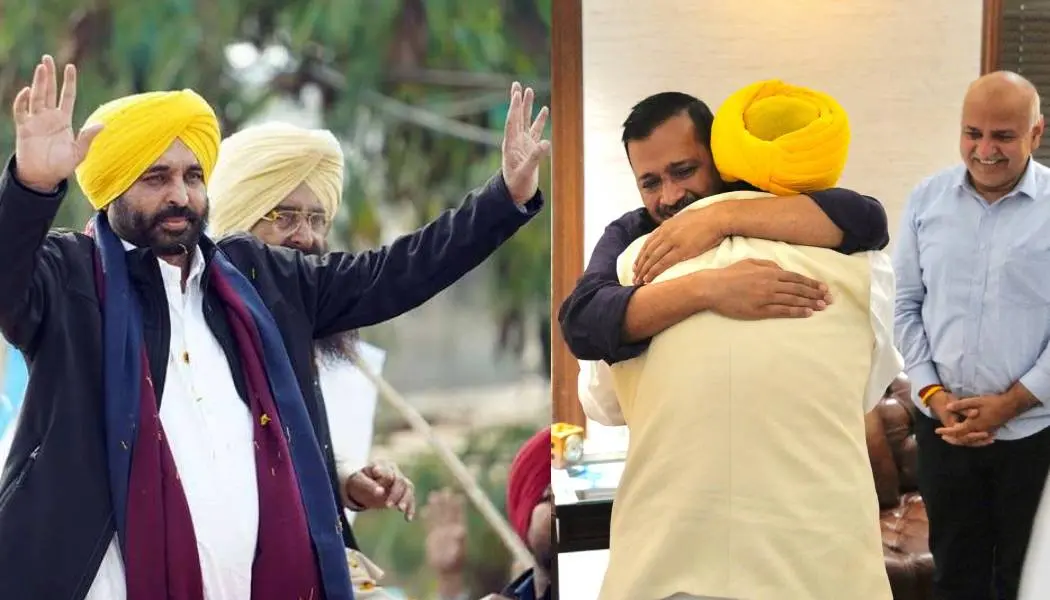 ഭഗവന്തിനെ സ്വീകരിക്കുന്ന കെജ്‌രിവാള്‍. photo: PTI, twitter/Arvind Kejriwal