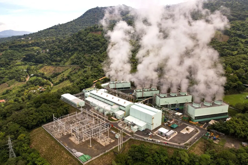 Aerial view of energy extraction at the La Geo Geothermal Power Plant, El Salvador.