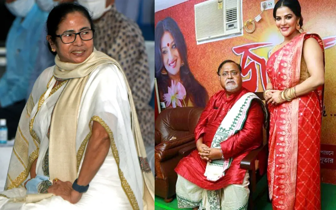 മമതാ ബാനര്ജി(ഇടത്ത്) പാര്ഥ ചാറ്റര്ജിയും അര്പ്പിത മുഖര്ജിയും(വലത്ത്) | ഫയല്ചിത്രം | ANI