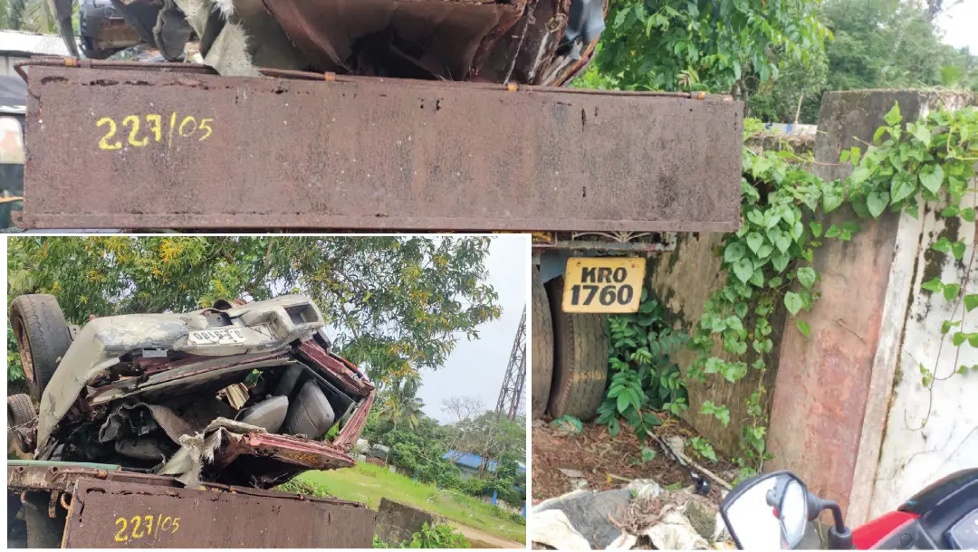 കണിച്ചുകുളങ്ങരയില് മൂന്നുപേരുടെ മരണത്തിനിടയാക്കിയ വാഹനാപകടത്തിനുപയോഗിച്ച ലോറി, തകര്ന്ന കാറിന്റെ അവശിഷ്ടങ്ങള് കാറിന് മുകളില് | ഫോട്ടോ: മാതൃഭൂമി