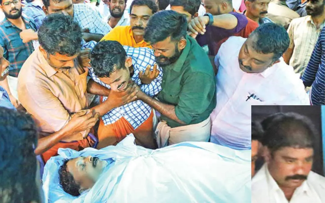 വെട്ടേറ്റുമരിച്ച വാസുദേവന്റെ മൃതദേഹം വീട്ടിലേക്ക് കൊണ്ടുവന്നപ്പോള് പൊട്ടിക്കരയുന്ന മകന് വിജീഷ്. ഇന്സെറ്റില് അറസ്റ്റിലായ പ്രതി ഗിരീഷ്