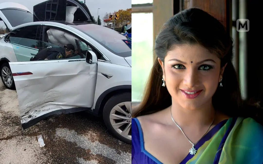 അപകടത്തിൽപ്പെട്ട രംഭയുടെ കാർ, രംഭ | ഫോട്ടോ: www.instagram.com/rambhaindran_/, മാതൃഭൂമി