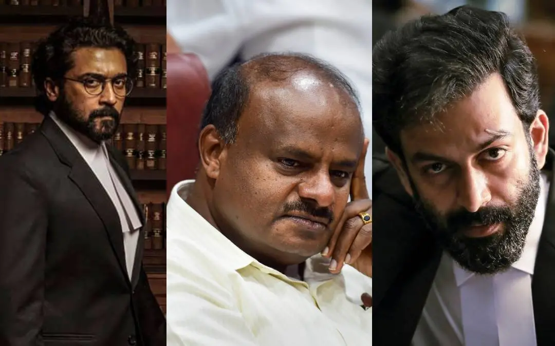 സൂര്യ, എച്ച്.ഡി.കുമാരസ്വാമി, പൃഥ്വിരാജ് | ഫോട്ടോ: പി.ടി.ഐ, www.facebook.com/ActorSuriya/photos, www.facebook.com/PrithvirajSukumaran