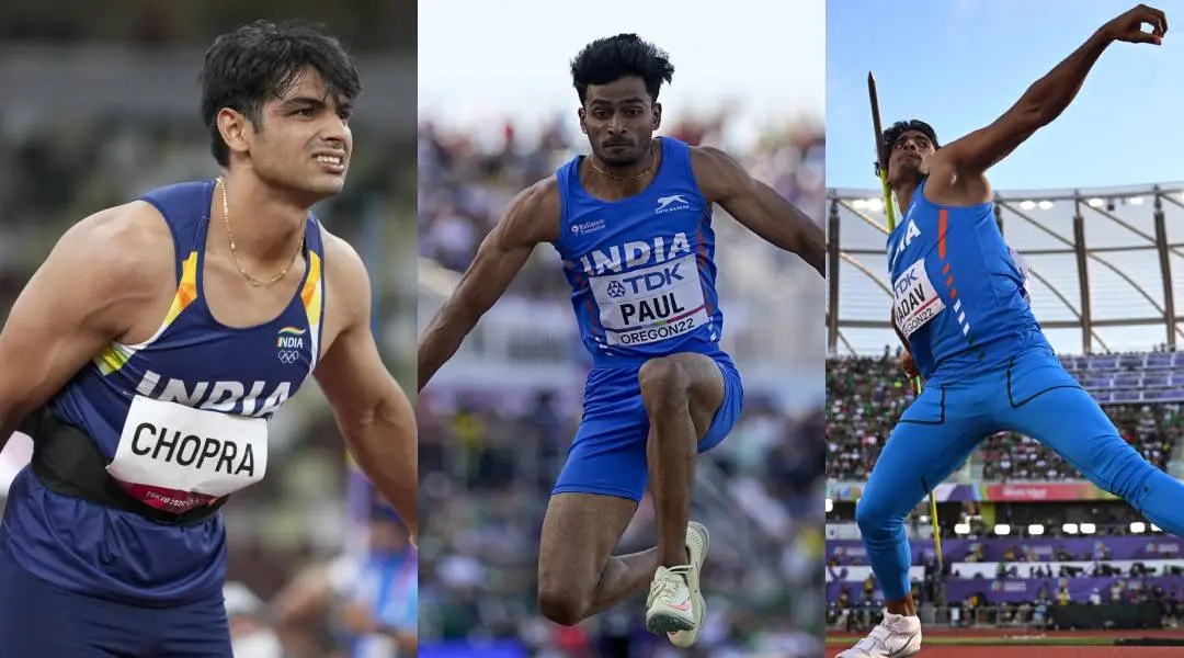 നീരജ് ചോപ്ര, എല്ദോസ് പോള്, രോഹിത് യാദവ് എന്നിവര് | Photo: AP, AFP