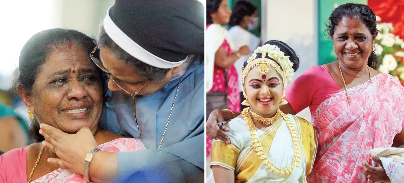 അജിനാ രാജിന്റെ പ്രകടനം കണ്ട് ആനന്ദക്കണ്ണീരണിഞ്ഞ അമ്മ പ്രസന്നയെ ആശ്ലേഷിക്കുന്ന സ്കൂൾ പ്രിൻസിപ്പൽ സിസ്റ്റർ അലക്സി, അജിനയെ വേദിയിൽനിന്ന് കൂട്ടിക്കൊണ്ടുവരുന്ന പ്രസന്ന |ഫോട്ടോ: ജി. ശിവപ്രസാദ്