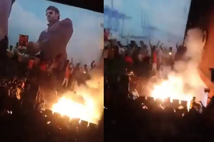 സിനിമയ്ക്കിടെ സ്ക്രീനിന് മുന്നിൽ പടക്കംപൊട്ടിച്ച് പ്രഭാസ് ആരാധകർ; തിയേറ്ററിൽ തീപ്പിടിത്തം