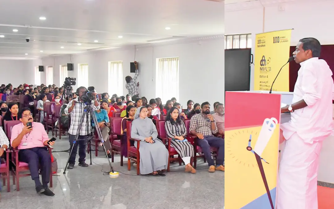 മാതൃഭൂമി അക്ഷരോത്സവത്തിനു മുന്നോടിയായി നടത്തുന്ന പ്രഭാഷണപരമ്പരയിൽ ഇരിങ്ങാലക്കുട സെയ്ന്റ് ജോസഫ്സ് കോളേജിൽ ബാലചന്ദ്രൻ വടക്കേടത്ത് പ്രഭാഷണം നടത്തുന്നു.