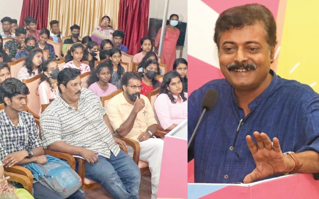 മാതൃഭൂമി അന്താരാഷ്ട്ര അക്ഷരോത്സവം നാലാം പതിപ്പിനു മുന്നോടിയായി നടക്കുന്ന പ്രഭാഷണപരമ്പരയിൽ തിരുവനന്തപുരം എം.ജി.കോളേജിൽ എഴുത്തുകാരനും അധ്യാപകനുമായ സജയ് കെ.വി. പ്രഭാഷണം നടത്തുന്നു.
