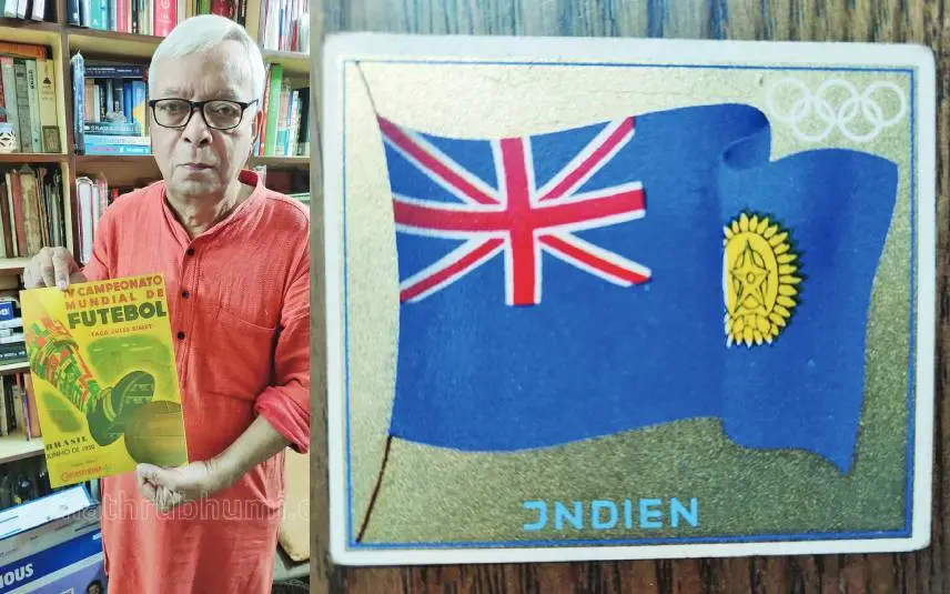 1950 ലോകകപ്പിനുവേണ്ടി തയ്യാറാക്കിയ പോസ്റ്ററുമായി ശേഖര് ചക്രവര്ത്തി,ഇന്ത്യന് പതാകയായി ചിത്രീകരിച്ച ബ്രിട്ടീഷ് പതാക