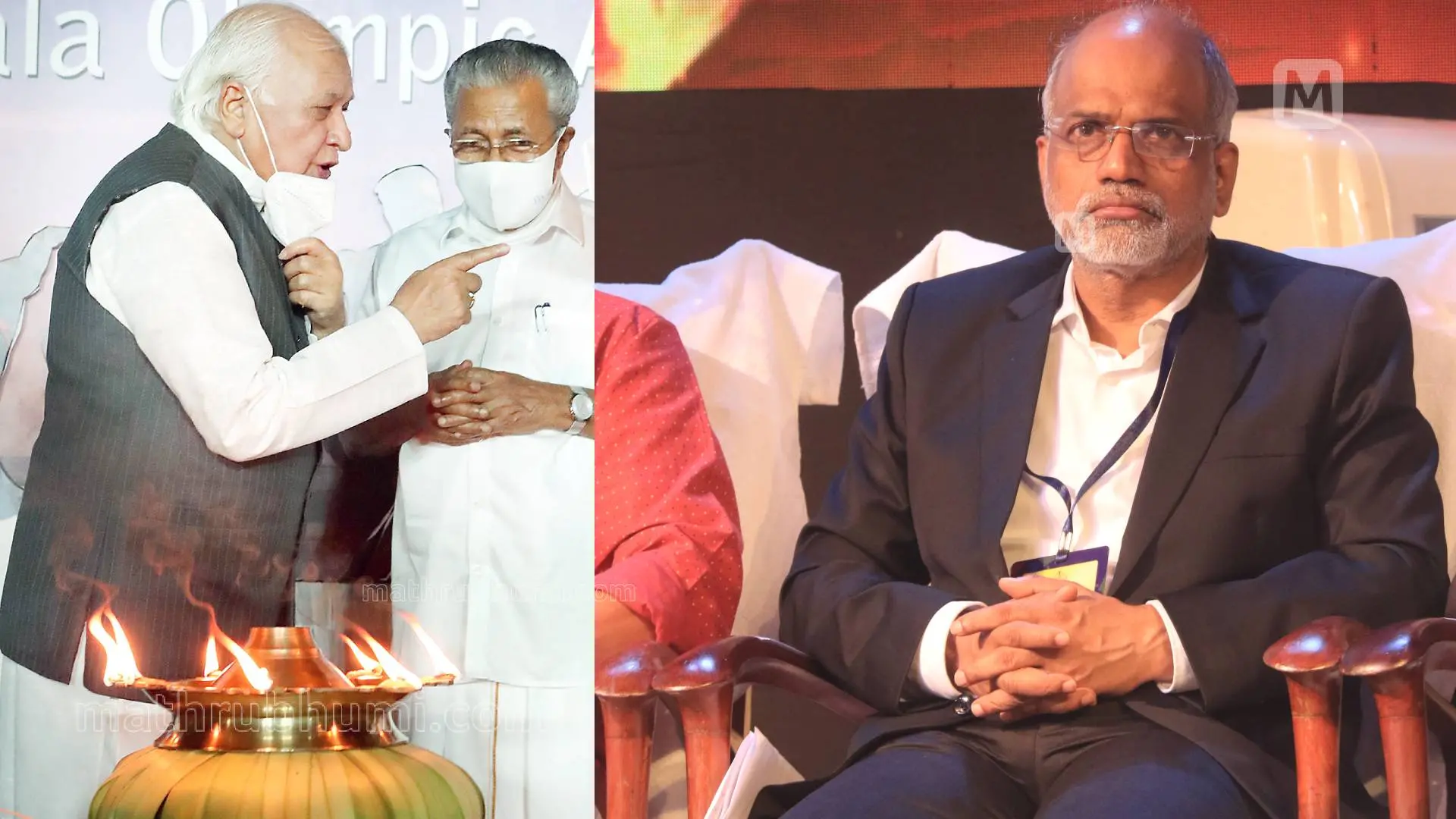 ഗവർണർ ആരിഫ് മുഹമ്മദ് ഖാൻ, മുഖ്യമന്ത്രി പിണറായി വിജയൻ, ചീഫ് സെക്രട്ടറി വി.പി. ജോയ് | Photo: മാതൃഭൂമി
