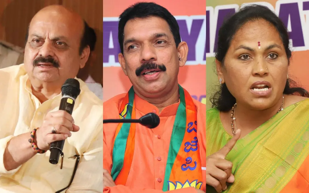 ബസവരാജ് ബൊമ്മെ, നളിന് കുമാര് കട്ടീല്, ശോഭാ കരന്തലജെ | Photo: Pics4News
