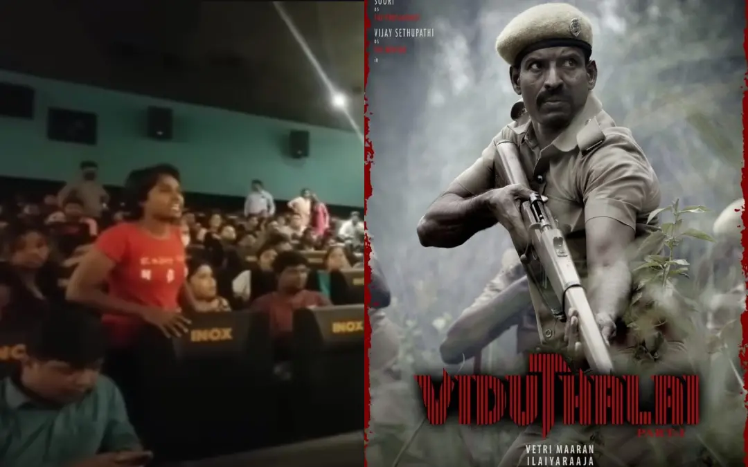 ചെന്നൈയിലെ തിയേറ്ററിൽ വളർമതി, വിടുതലൈ പോസ്റ്റർ | ഫോട്ടോ: സ്ക്രീൻഗ്രാബ്, twitter.com/filmsandstuffs
