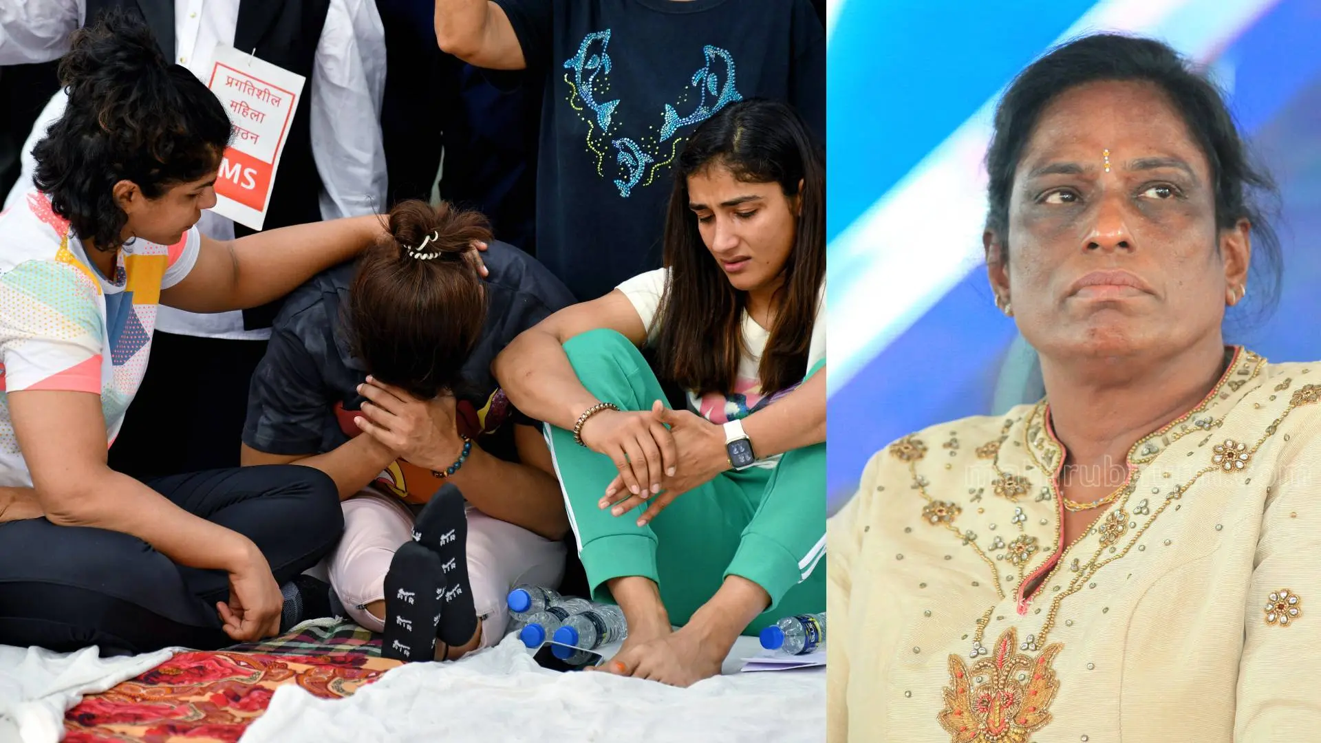 പ്രതിഷേധിക്കുന്ന ഗുസ്തി താരങ്ങൾ, പി.ടി. ഉഷ | Photo: ANI, മാതൃഭൂമി