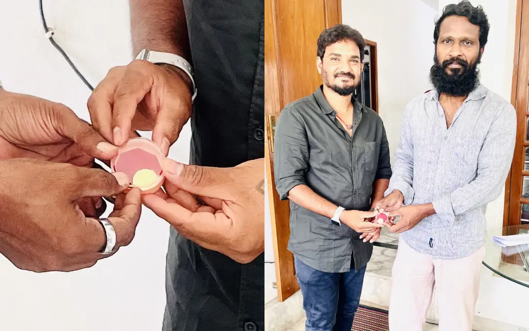 സംവിധായകൻ വെട്രിമാരൻ വിടുതലൈ അണിയറപ്രവർത്തകരിൽ ഒരാളായ ബി. രാജയ്ക്ക് സ്വർണമോതിരം സമ്മാനിക്കുന്നു. ബി. രാജ ട്വീറ്റ് ചെയ്ത ചിത്രം