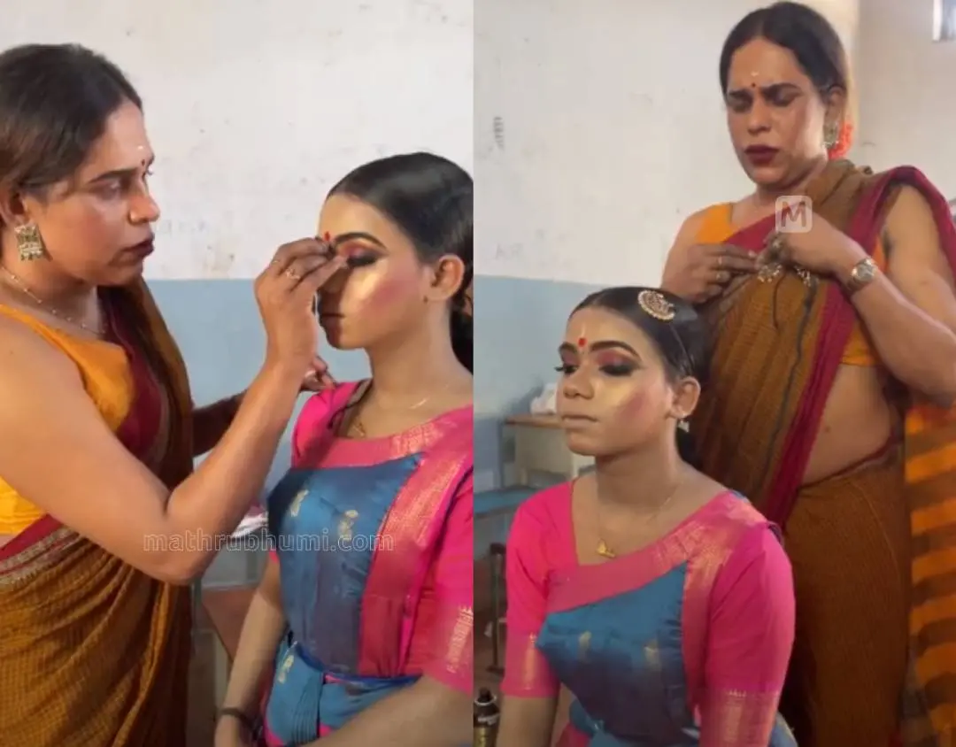 കലോത്സവത്തില്‍ ഭരതനാട്യത്തിന് മത്സരാര്‍ഥിക്ക് ചമയമിട്ട് മേക്കപ്പ് ആര്‍ട്ടിസ്റ്റ് രഞ്ജു രഞ്ജിമാര്‍.