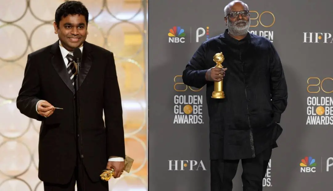 എ.ആര് റഹ്മാന് ഗോള്ഡന് ഗ്ലോബുമായി ഫയല് ചിത്രം ( Photo: AP) കീരവാണി ഗോള്ഡന് ഗ്ലോബുമായി (Photo; AFP)