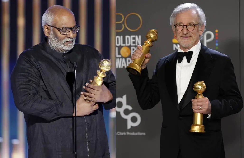 ഗോള്ഡന് ഗ്ലോബ് പുരസ്കാരവുമായി കീരവാണിയും സ്റ്റീവന് സ്പില്ബെര്ഗും